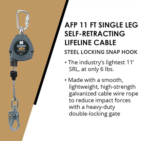 No Nonsense 11 Ft Single Leg Self Retracting Lifeline Featuring Smooth Galvanized Steel Cable And Heavy Duty Double Latch Snap Hook.