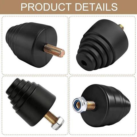 Close-up of Two Pack Suspension Bump Stops For Rear Leaf Springs, Heavy Duty Rubber Bumpers with threaded bolts, 4 angles