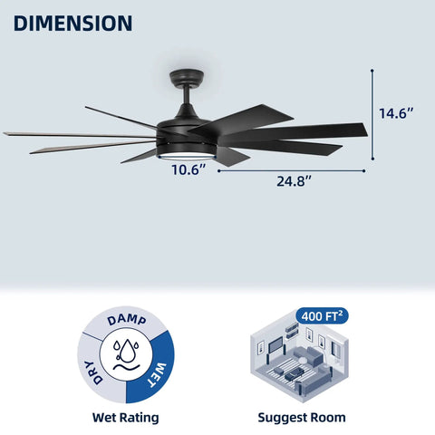 Black Ceiling Fan With Light And Remote Dimmable Fan Light For Indoor And Outdoor Use 48 Inch dimensions and wet rating
