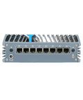 Rock Solid Din Rail Micro Firewall Mini Pc Featuring Intel Core Ultra 5 125U And Eight Gbe Ports For Seamless Opnsense Routing and Plug And Play Industrial Networking Reliability, rear view with 8 lan ports.