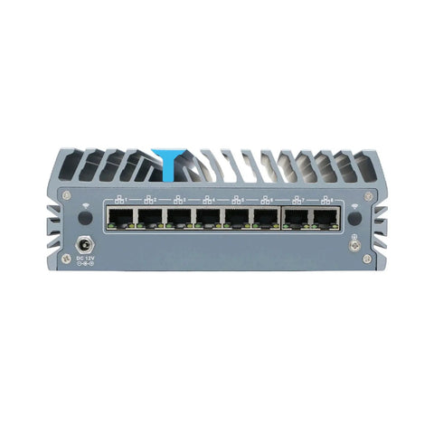 Rock Solid Din Rail Micro Firewall Mini Pc Featuring Intel Core Ultra 5 125U And Eight Gbe Ports For Seamless Opnsense Routing and Plug And Play Industrial Networking Reliability, rear view with 8 lan ports.