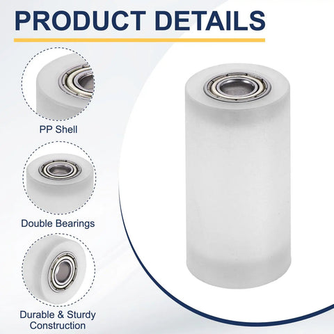 4 Pack Plastic Roller Wheels With Bearings 6mm ID 20mm OD 40mm Length Guiding Belt Idler White with double bearings detail