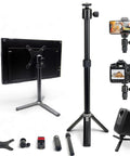 Metal Portable Monitor Stand Tripod with 360 Degree Ball Head, phone and tablet clamp, desk mount in home office setup.
