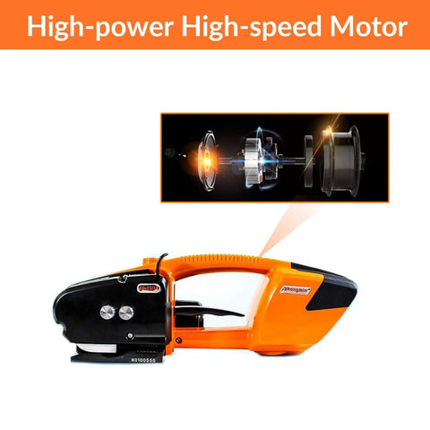 Heavy Duty Rechargeable Electric Strapping Machine Featuring Automatic Tensioner And Fast Hot Melt Sealing with high-speed motor details.