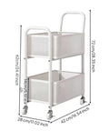 Rock Solid Two Tier Rolling Storage Cart With No Sweat Mobility And Compact Perforated Metal Baskets, 72cm tall with white baskets.