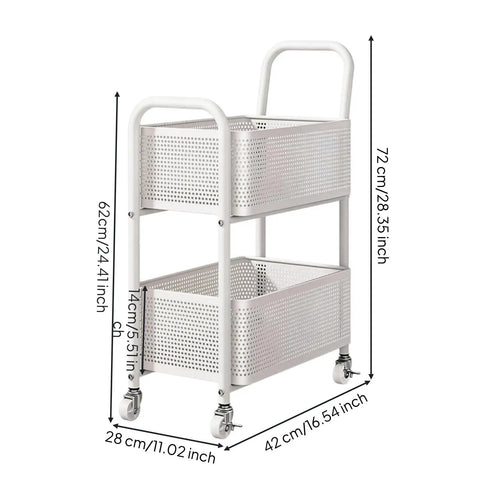 Rock Solid Two Tier Rolling Storage Cart With No Sweat Mobility And Compact Perforated Metal Baskets, 72cm tall with white baskets.