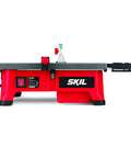 Front view of a 7 Inch Wet Tile Saw With HydroLock Water Containment System for No Mess Cuts, showing sliding side extension and aluminum top.