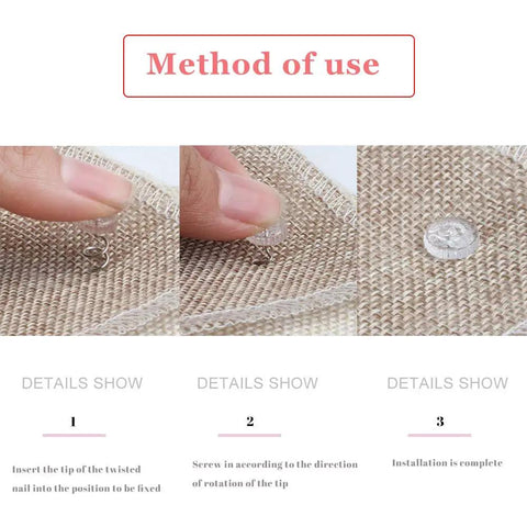 Top Notch Upholstery Tacks And Twist Pins With Clear Heads Heavy Duty Rust Resistant Furniture Hardware Quick Fix DIY Crafts installation steps for clear twist pins on fabric.