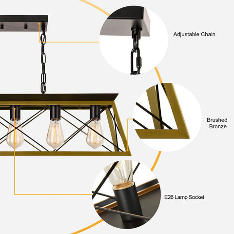 Five Light Farmhouse Chandeliers Pendant Lighting for Dining Room and Kitchen Island, close-up on adjustable chain and bronze frame.