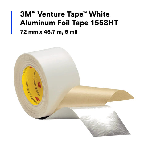 Aluminum Foil Tape 1558HT White For Cold Weather Grip High Tack 2.83 Inch By 50 Yard Five Mil Pack Of One roll with backing.