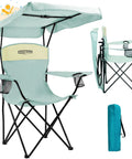 Portable Camping Chair With Adjustable Sunshade Canopy, Oversized Lightweight Beach Chair With Side Pocket, Easy Open Close, UPF 50 Durable 600D Fabric, Great For All Outdoor Activities, Blue, shown unfolded and folded with carry bag.