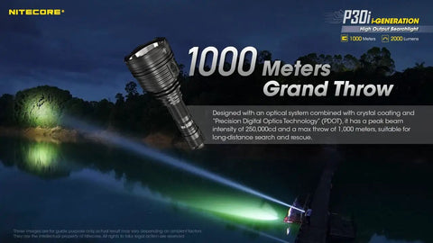 P30i Beast Mode Ultra Long Throw Flashlight illuminating a lake with 1093 yard beam for hunting search and rescue