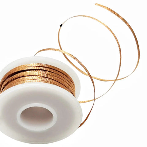 Desoldering Wick Set With Flux Wick Braids For PCB Repair And Keyboard Switches 10 Ft Length 2 mm Width spool on white background