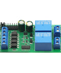 12V 24V DC Motor Controller Relay Board With Forward And Reverse Control Limit Switch Start Stop Push Button And Self Locking Mode For Electric Curtains And Automatic Doors Plus Auto Start On Power On green PCB with relays