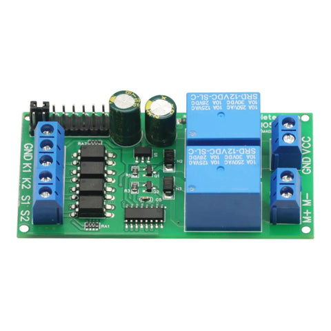 12V 24V DC Motor Controller Relay Board With Forward And Reverse Control Limit Switch Start Stop Push Button And Self Locking Mode For Electric Curtains And Automatic Doors Plus Auto Start On Power On green PCB with relays