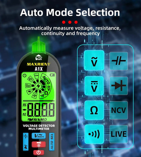 Rechargeable Digital Multimeter With NCV Tester And Audible Visual Alarms, Auto-Ranging with backlit LCD display and icons visible