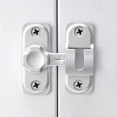 Close-up of Straight Up No Nonsense Premium Zinc Alloy Barn Door Lock featuring dual angle mounting for secure installation.