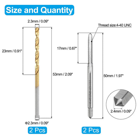 Diagram of Beefy Tap And Drill Bit Set For Metalwork 4 40 UNC Taps Plus 2 3mm Drill Bits, dimensions and quantity shown