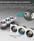 7-Pack LED Recessed 3-Head Spotlights Sleek Black Rectangle COB Downlights Featuring Bright CRI 93 Output with anti-glare features.