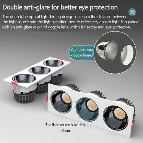 7-Pack LED Recessed 3-Head Spotlights Sleek Black Rectangle COB Downlights Featuring Bright CRI 93 Output with anti-glare features.
