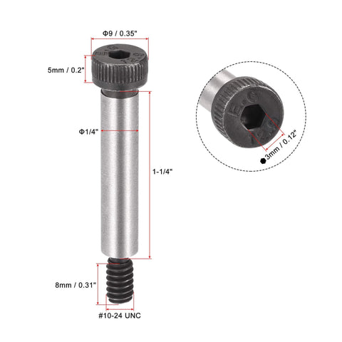 Heavy Duty Alloy Steel Hex Socket Shoulder Bolts Kit, One And A Quarter Inch Shoulder Length, One Quarter Inch Shoulder Diameter, Thread Size Ten Twenty Four, High Strength Wear Resistant Corrosion Resistant, Stripper Bolts For High Torque Tightening, 10 dimensions and close-up view.