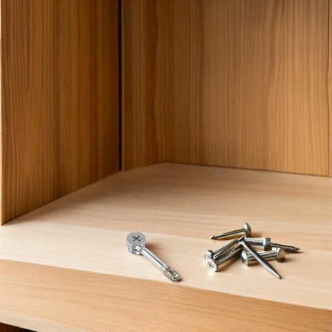 40 Piece Heavy Duty Cam Lock Furniture Fasteners Kit With Solid Wood Dowels And Assembly Bolts on a wooden shelf.