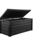 Beefy Westwood 150 Gallon Resin Outdoor Storage Box For Patio Furniture Cushions Garden Tools And Pool Floats, open lid view.