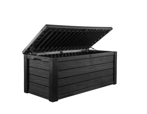 Beefy Westwood 150 Gallon Resin Outdoor Storage Box For Patio Furniture Cushions Garden Tools And Pool Floats, open lid view.