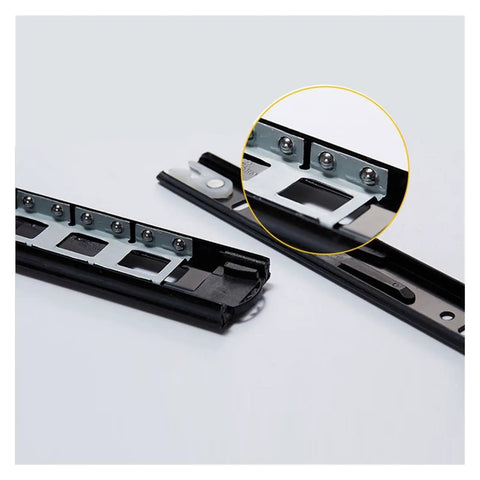 Close-up of Set Of 2 Dope Quiet Drawer Slides For 8 To 20 Inch Drawers, 45mm Track Width, Three-Section Rail System in black metal