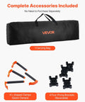 Portable Folding Workstand accessories including storage bag, L-shaped clamps, and four-prong brackets for garage and workshop use.