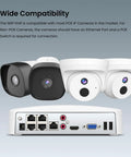 Front and rear view of 8 Channel PoE NVR System With 4K Recording, H.265 Surveillance Recorder, Built-In PoE Switch, cameras shown