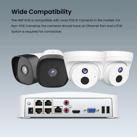 Front and rear view of 8 Channel PoE NVR System With 4K Recording, H.265 Surveillance Recorder, Built-In PoE Switch, cameras shown