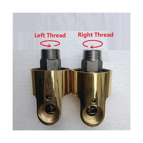 Brass 360 Degree Rotation Union Right-Thread 3/8 Inch Swivel Joint For Tight Spaces, Heavy-Duty, Leak-Resistant, Smooth Flow Connector For Plumbing, Hydraulic, And Fluid Transfer; left-right thread view