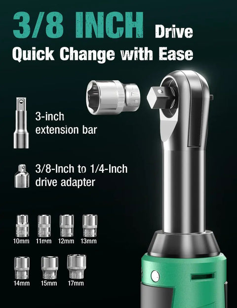 Extended Cordless Electric Ratchet Wrench Kit, 3/8 inch drive, 3-inch extension bar, drive adapter, multiple sockets shown