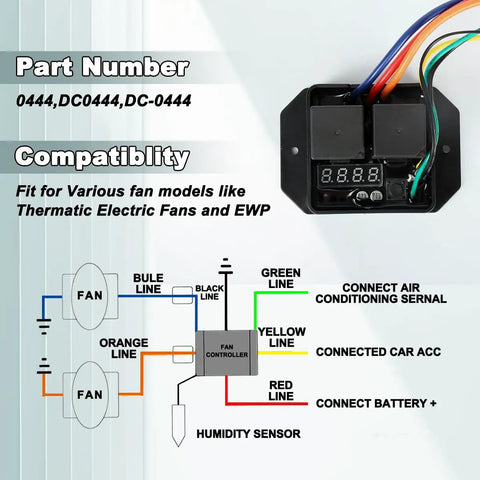 Dual Electric Radiator Fan Switch Kit For 12V And 24V with Controller 0444 showing part number and wiring illustration for fans.