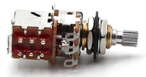 Side view of 500k guitar potentiometer with push-pull switch, short split shaft, audio taper