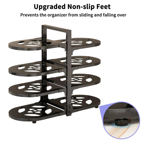 Adjustable 8 Tier Heavy Duty Pots and Pans Organizer for Kitchen Cabinet Storage Black Vertical Cookware Rack with non-slip feet.