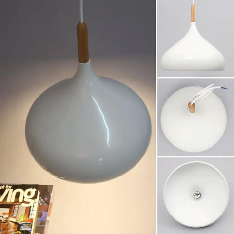 60 Watt Modern Elegance White Pendant Light Fixture For Kitchen And Dining Areas with wood accent and metal shade