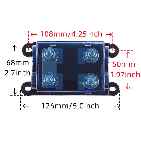 Top view of Two Way AMG Mega Fuse Holder ANM B2 Bolt On Fuse Block for one or two fuses, 32V DC car protection, dimensions shown.