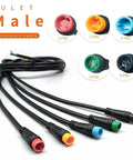Waterproof Ebike Cable Extension Kit With Male And Female Two To Six Pin Connectors for Display, Throttle, and PAS, shown with colored plugs