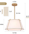 Dimensions of 16" White and Gold Drum Pendant Light with Metal Lantern Fabric Shade, featuring an adjustable height.