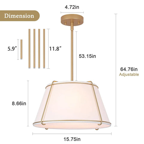 Dimensions of 16" White and Gold Drum Pendant Light with Metal Lantern Fabric Shade, featuring an adjustable height.