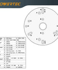 Diagram of Six Point Five Inch Universal Router Base Plate With Centering Pin Cone and Pre Drilled Mounting Holes.
