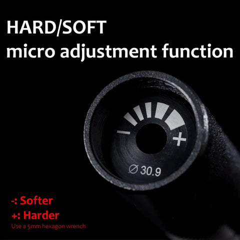 Close-up of hard and soft micro adjustment feature on 30.9mm Suspension Seatpost With 4 Link Parallelogram System And Hard Or Soft Micro Adjustment For Road Gravel MTB And E Bikes 27.2 To 33.9mm Fit Delivers Ultra Smooth Ride And All Day Comfort On Every Ride
