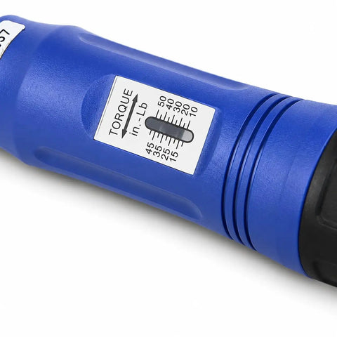 Close-up of torque meter on blue handle of 21 Piece Adjustable Torque Screwdriver Set With 1 Quarter Inch Drive Long Reach Shank Inch Pounds Precision Meter Includes Philips Flat Head Hex Bits 10 To 50 In Lb Range Ergonomic Handle And Storage Case