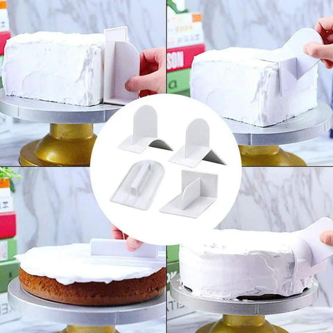 Top Shelf 114 Piece Cake Decorating Kit Loaded With Fondant Plunger Cutters Sugar Craft Molds Rolling Pin Scraper And Pro Level Icing Tools For Killer Diy Baking showing various scrapers in use on frosted cakes.