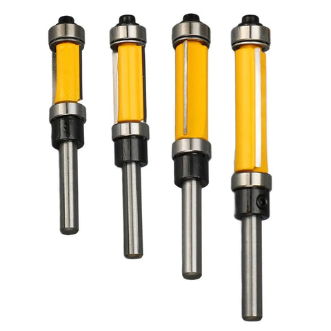 Cool Flush Trim Router Bit Set With 1/4 Inch Shank Plus Heavy Duty 1/2 Cut Diameter For Smooth Wood Trimming And Professional Grade Finish, four bits with yellow bodies.