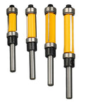 Premium 4 Piece Flush Trim Router Bit Set With 1/2 Inch Carbide Cutting Edge For Smooth Woodworking MDF And Plywood Projects Featuring Anti Kickback Design And Quick Swap Shank, showing four router bits.