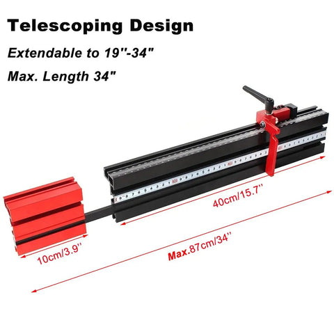 Pro Grade Precision Miter Gauge For Table Saws With Aluminum Fence And Flip Stop Heavy Duty Steel Plate Crosscut Guide. Telescoping design extends 19" to 34" for accurate woodworking.