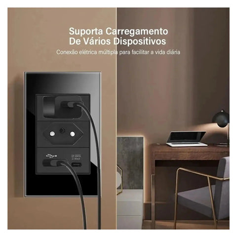 Straight Up Rock Solid EU Schuko Wall Socket Featuring A Smooth Tap Power Switch And Dead Simple USB Type C Charging Port Crafted From Scratch Proof Glass Panel For Modern Living Spaces, mounted with devices connected.